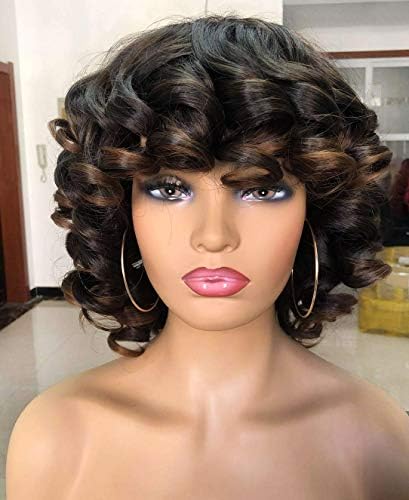 Annivia Short Afro Curly Wigs with Bangs for Women Kinky Curly Hair Wig 2 Tone Ombre Dark Brown Big Bouncy Fluffy Curly Wig