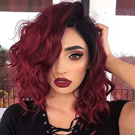 MowigLux Short Wavy Bob Wigs for Women Burgundy Color Synthetic Lace Wigs Heat Resistant Fiber Curly Bob Wigs 118 Color