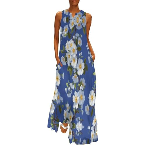 Robe maxi d'été bohème fluide longue robe de vacances col V bleu
