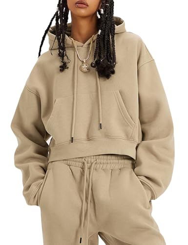 Flygo Womens Fleece 2 Piece Outfits Sweatsuit Crop Pullover Sweatshirt Joggers Pants Tracksuit Set