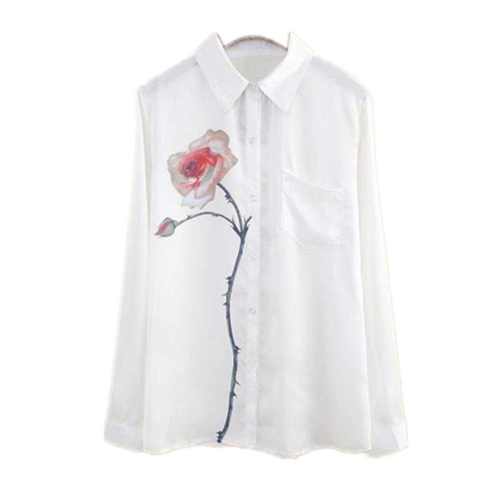 FEITONG 2016 Summer Women Long Sleeve Rose Flower Blouse Collar Chiffon Shirts (S) White