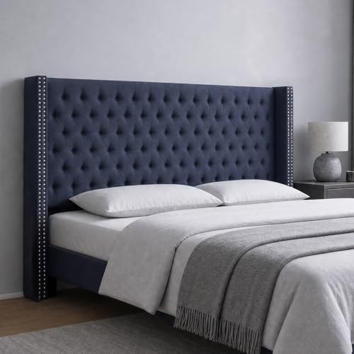 Image of Madison Park King Wingback Upholstered Tufted Headboard, Featuring High-Density Sponge Padding, Adjustable Height Headboard, Easy Assembly, Navy