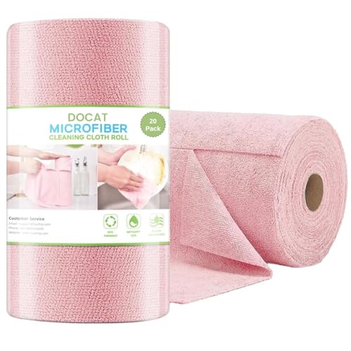 Image of DOCAT Microfiber Cleaning Cloth Roll 25x25 cm, Reusable and Washable Tear-Away Kitchen Towel Roll, Very Soft Cleaning Cloths for Home, Kitchen, Office, Electronics, Car Cleaning (Pink, 20 Pack)