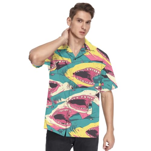 Chemise Hawaïenne Homme Requins Colorés à Manches Courtes et Style Funky Décontracté