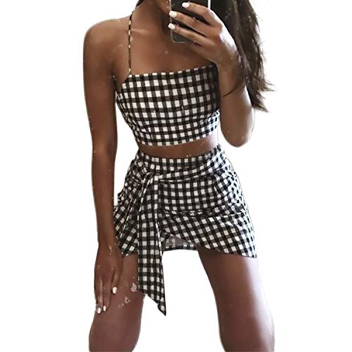 VWIWV Women's 2 Piece Outfits Backless Bandage Plaid Crop Top and Bodycon Mini Skirt Set Black