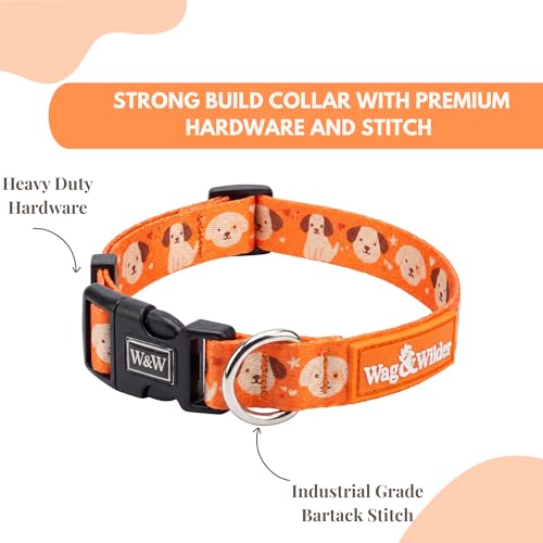 Image of Wag and Wilder Heavy Duty Dog Collar and 5 FT Leash Set for Large Dogs - Quick Release Buckle, Neoprene Padded Handle & Strong Metal Hook (Puppy Parade Orange)