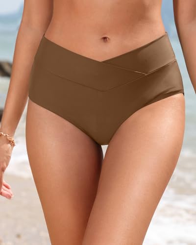 Image of Women V Cut Full Coverage Bikini Bottom - High Waist Swim Bathing Suit Bottoms Cross V Front Swimsuit