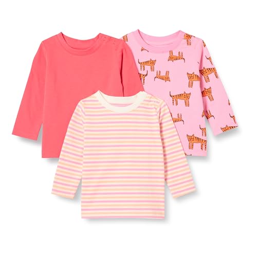 Amazon Essentials Unisex Babies' Relaxed-Fit 100% Cotton Long-Sleeve T-Shirts, Pack of 3, Pink Tiger/Stripe, 0-3 Months