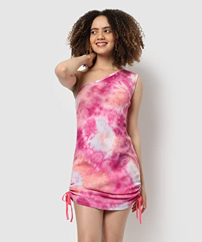 Image of Campus Sutra Women's Pink Tie-Dye Slim Fit Mini Dress for Winter Wear | One Shoulder Sleeve | Slanted Neck | Casual Western Stylish Dress for Women & Girls