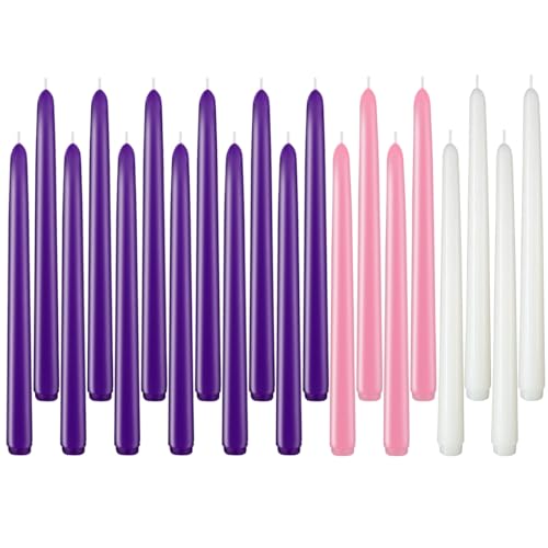 20 Pack Advent Candle Set 12 Purple 4 Pink 4 White Taper Candles 10 Inch Smokless and Dripless Candlesticks for Advent Christmas and Seasonal Celebration