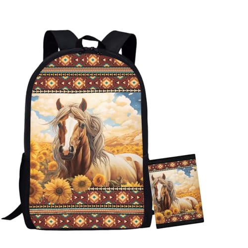 COEQINE Horse Backpacks For Teen Girls Sunflower Book Bag for Women School Bag Set for Student With Trifold Wallet Large Laptop Shoulder Bag With Water Holder Pocket