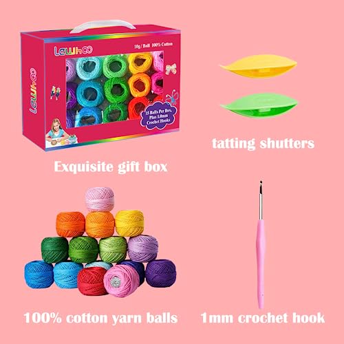 15Pcs Crochet Thread Balls, 100% Soft Cotton Thread with 2 Tatting Shutters & 1mm Crochet Hook, Best Gift - Thumbnail 2