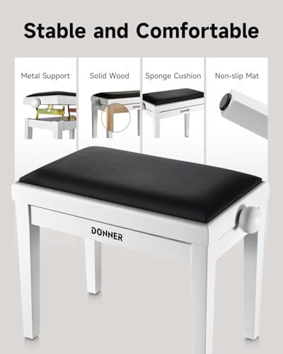Donner Adjustable Piano Bench-Solid Wood Keyboard Bench Piano Chair Seat with High-Density Sponges Cushion, Wooden Piano Stool with Metal Lifting Devices, White - image 2