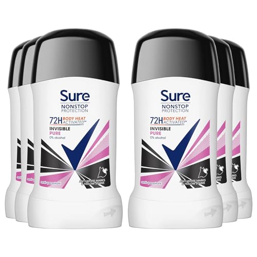 Sure Nonstop Protection Invisible Pure Anti-Perspirant Cream Womens Deodorant Stick with Body Heat Activated technology and white mark protection for 72 hour odour and sweat protection 6x 50 ml