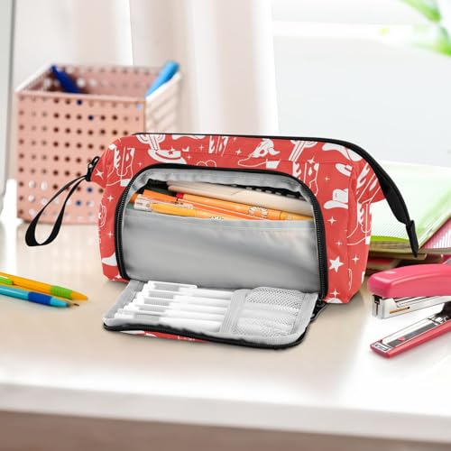 Image of Western Cowboy Red Pencil Case Pouch Big Capacity Pencil Bag Box Organizer Pen Case with Compartmens Stationery Organizer for Girls Boys Women Kids Adults School