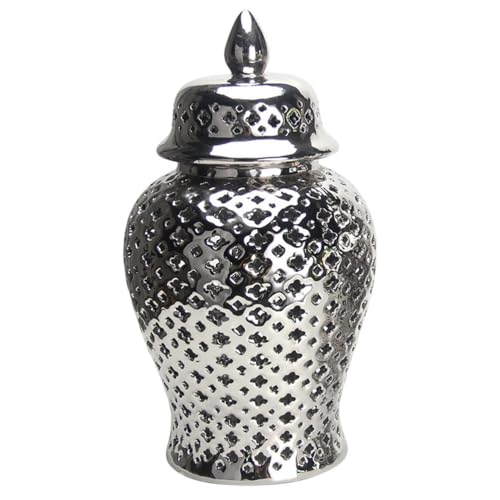 Luxshiny Traditional Pierced Ginger Jar with Lid, Carved Lattice Decorative Temple Jar Ceramic Ginger Jars Hollow Out Vase for Home Office Party Decor Silver