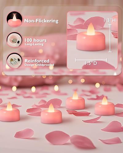 Image of Amagic 12 Pack Pink Flameless LED Tea Lights Candles Battery Operated, Electric Fake Tealight Candles for Votive, Wedding, Table Centerpiece, Theme Party, Aniversary, Proposal, Christmas, Pink Base