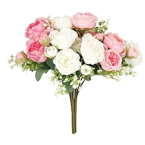 FADACHY Peonies Artificial Flowers,Pink White Fake Flowers Bouquets, 20 Heads Faux Peony Flowers in Vase,Silk Flowers for Home Decor Indoor Centerpieces Grave,Wedding Flowers Decorations