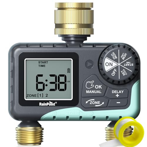 RAINPOINT Water Timer with Brass Swivel, Sprinkler Garden Hose Irrigation Timer with Rain Delay/Manual Watering, Automatic Irrigation Controller System for Lawn, Yard, 2 Outlets
