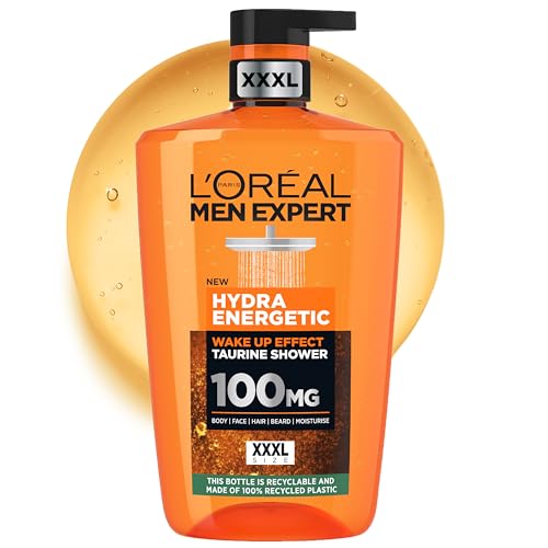 L'Oréal Men Expert Gel de Ducha Hydra Energetic para Cuerpo, Cara y Pelo. Formulado con taurina para proporcionar un chute de energía por las mañanas. XXXL, 1000ML.
