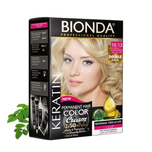 Tinte permanente BIONDA Professional Color Cream 10.13 rubio dorado muy claro, 200 ml, pack doble, queratina y moringa, color intenso y duradero con brillo, cobertura 100% de canas