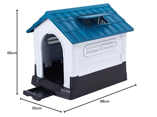 Lanco - Zwinger für kleine Hunde mit verstellbarem Dach und Toilette. Innen- und Außenbereich mit Lüftungsgittern. Widerstandsfähiges Material. 68x55x66cm. Blau und weiß.