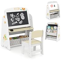 COSTWAY Kids Art Easel and Chair Set, Wooden Toddler Activity Table with Magnetic Whiteboard, Blackboard, Bookshelf, Fabric Bins, Double-Sided Easels for 3+ Years Old
