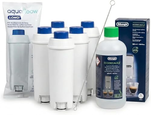 Aquafloow 5x Filtre à eau compatible avec DeLonghi DLSC002 & Détartrant EcoDecalk (500ml) – Kit d'entretien pour machine à café Magnifica S, Evo,...
