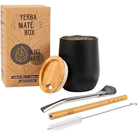 Bombilla Maté Kalebasse, Bambus, matt, 350 ml + 2 Bombillas + Pflegeset + Tasche] Tasse, doppelwandig, isoliert Cover