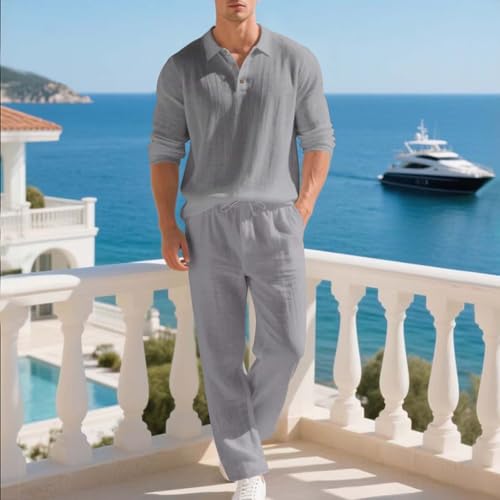 Mens Casual 2 Piece Outfits Lapel Neck Button Down Long Sleeve Shirts and Long Pants Set Loose Basic Lounge Outfit2