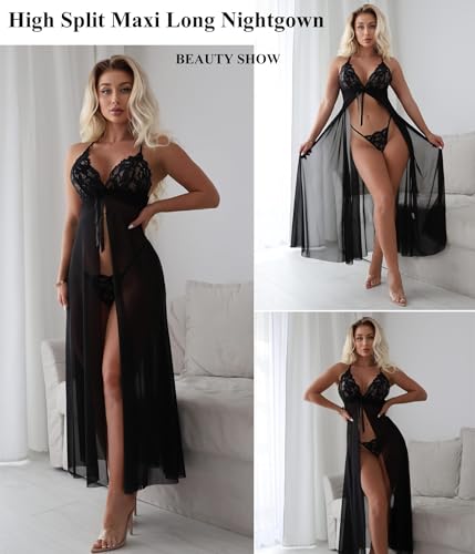 Image of SSoShHub Women Lingerie Lace Babydoll Dress Open Front Sleepwear Long Sheer Nightgowns V Neck Nightwear for Wife, Women Wedding Valentine Special Night Occasion Festival