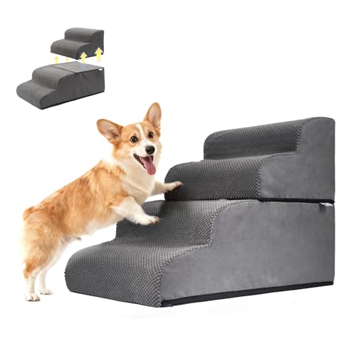 Mora Pets Hundetreppe, Haustiertreppe für Bett und Sofa Hunde Treppe 4 Stufen & teilbar (1 Treppe = 2 Lösungen) rutschfeste, waschbarer Bezug, Hunderampe aus Schwamm