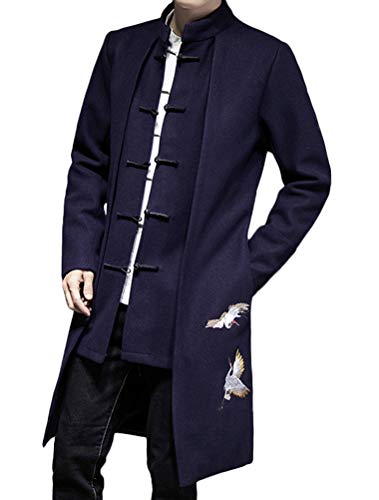Lavnis Men's Trench Coat Long Embroidery Tang Suit Woolen Overcoat L Navy Blue