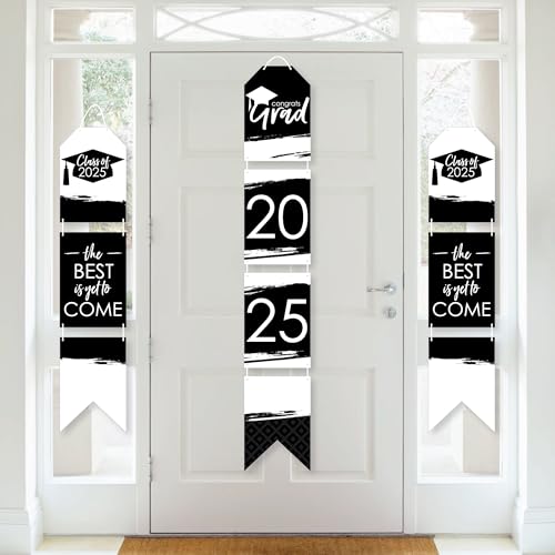 Big Dot of Happiness Black and White Grad - Best is Yet to Come - Hanging Vertical Paper Door Banners - 2025 Black and White Graduation Party Wall Decoration Kit - Indoor Door Decor