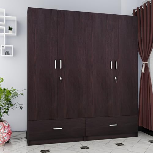 Image of VIKI Wardrobe | Wooden Almirah for 4 Door Wardrobe with 2 Split Drawer & Hanging Space (Dark Wenge - 40D x 160W x 180.8H) | 1 Year Warranty | Free Assembly