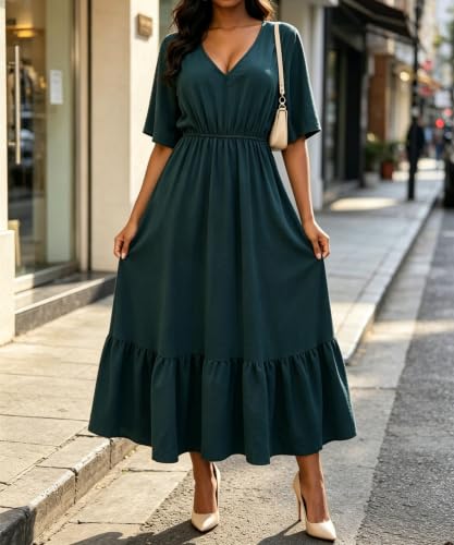Image of Women's Summer Short Sleeve Maxi Floral Flowy Dresses with Pockets