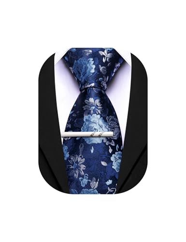 Image of Barry.Wang Floral Ties for Men Flower Necktie with Tie Clip Formal