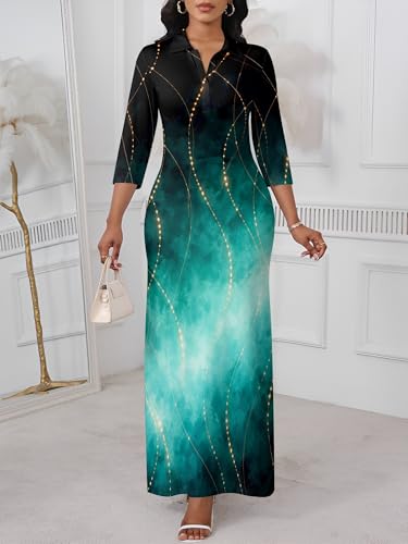 Image of PinkPatty Women's Casual 3 /4 Sleeve Polo V Neck Bodycon Maxi Dress | Semi formal, modest style, long fitted, versatile for church, work, business, office and daily wear