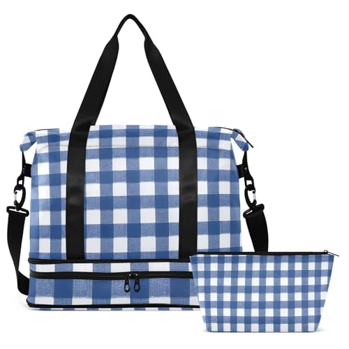 Blue & White Gingham Gym Bag for Women Sport Travel Duffel Bag Shoulder Weekender Overnight Bags with Wet Pocket & Shoe Compartment2