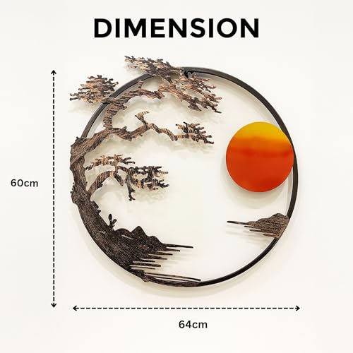 Image of RAZISH Sunset Serenity metal Wall Art | Abstract Sun Wall Decor | Modern Handcrafted Luxury Designer Sun Iron Wall Decor | Perfect for Living Room, Drawing Room, Hotel, Restaurant (Brown Leaves) (With LED)