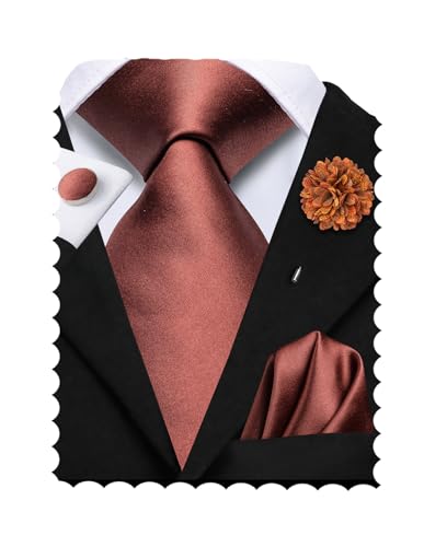 Image of Hi-Tie Bronze Ties for Men Silk Solid Mens Ties and Flower Lapel Pin Pocket Square Cufflinks Set 4PCS Necktie for Wedding