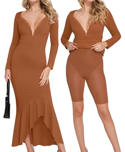 Image of Popilush Long Sleeve Cocktail Dress for Women Shapewear Tummy Control Party Dresses Deep V Neck Lace Mermaid Maxi Dress