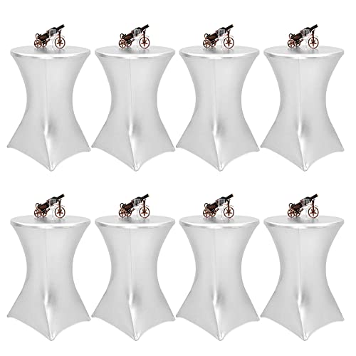 8 Pack Cocktail Spandex Stretch Square Corners Tablecloth,32"X43" Metallic Silver Spandex Cocktail Table Cover,Fitted High Top Round Table Cloth For Wedding Bar Party Events Home Decor Supplies #TOP7
