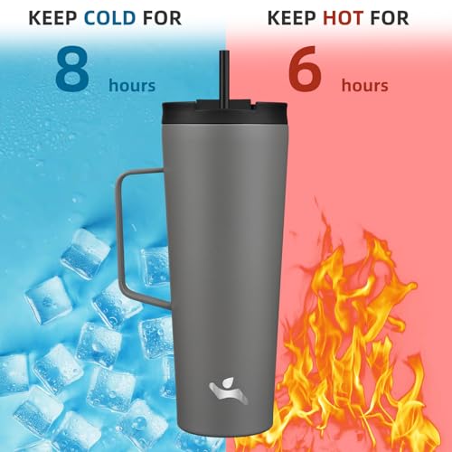 Image of Konokyo 26 oz Insulated Tumbler with Handle & Straw, Stainless Steel Mug