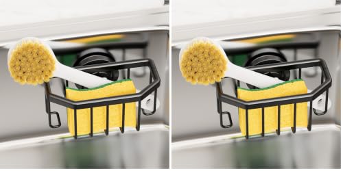 Image of TAILI Sponge Holder with Strong Suction Cup, Dish Sponge Caddy Inside Sink Removable, Rustproof Aluminum for Sponges, Brushes, Stoppers and Scrapers - Black (Pack of 2)