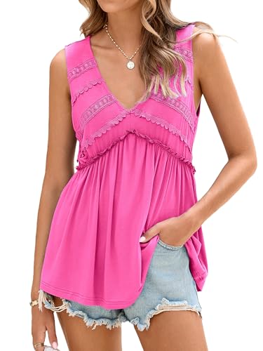 Glamaker Women Summer Tank Tops Baby Doll Beach Fashion Lace Peplum Tops Flowy Sleeveless Deep V Neck Casual Tunic Shirts (Rose Red S)