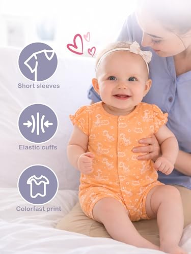 Image of Kidbea Organic Cotton Baby Romper for Infant Girls Front Button Half Sleeve Jumpsuit | Cute Printed Newborn Baby Girl Daily Comfort Wear