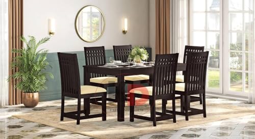 Image of Dining Table Set || Wood Dining Table with Chair 6 Seater || Dining Room Set || Wooden 6 Seater Dining Table || Modern and Unqiue Dining Table for Living Room (6 Seater Dining Table) Walnut Finishs