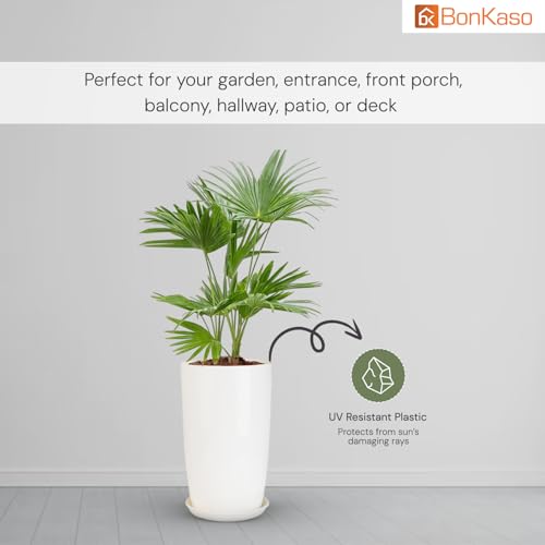 Image of BonKaso 18 inch Solid White Flower Pot - Tall, Durable & Lightweight Polymer Tower Planter for Indoor & Outdoor Use: Home, Office, Garden & Balcony (Gamla /Gamale)