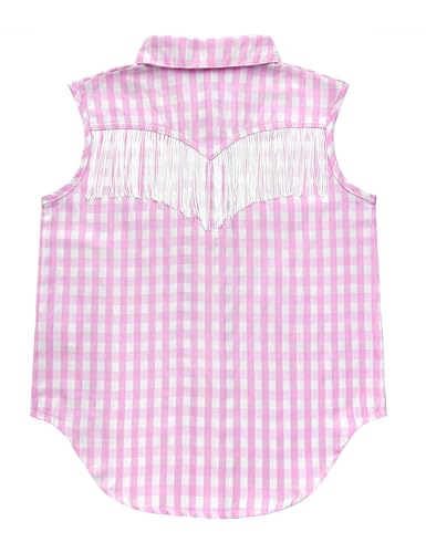 Image of Girls Fringe Shirt Sleeveless Button Down Western Cowgirl Tassel Trim Casual Blouse Shirt Top 4-13Y